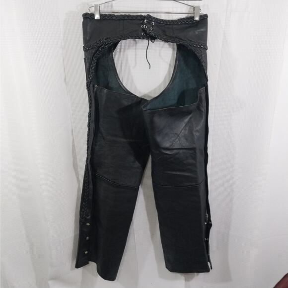 HUDSON LEATHER! BLACK GENUINE LEATHER, HEAVY DUTY BRAIDED DETAIL CHAPS! SZ XL - Picture 5 of 9